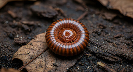 Millipede Curling on Leaf Litter