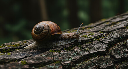 Snail Crawling on Tree Bark