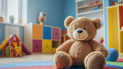 Plush bear toy placed in a colorful children's playroom