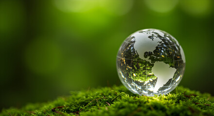 Professional workspace, business strategy, financial growth a glass globe resting on a vibrant patch of moss against a blurred green background in soft light
