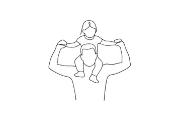 One line drawing of father carrying daughter on shoulders happy family