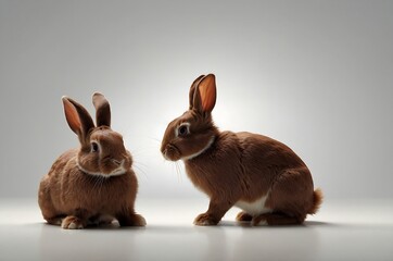 Obraz premium Two Brown Rabbits Sitting Side by Side Against a Neutral Background