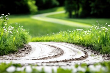Fototapeta premium Winding dirt path through a vibrant green meadow. A picturesque country lane meanders through lush, grassy fields filled with wildflowers