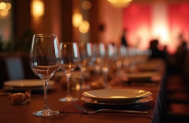 Obraz premium Served table in restaurant for elegant event. Empty wine glasses, plates before party, holiday, wedding celebration. Soft blurred bokeh lights in background. Festive dinner, banquet, reception.