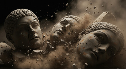 statues collapsing in a smoky void