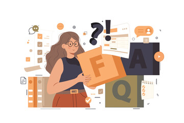 Frequency asked questions and helpdesk illustration. Character contacting with helpdesk service, asking questions and receiving answers. Customer support concept. Vector illustration.