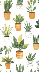Hand-drawn potted houseplants seamless repeat backdrop