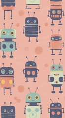 Seamless Pattern of Cute Robots on Pink Textured Background