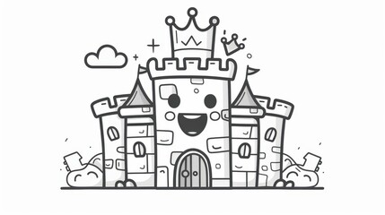 Playful line art of a smiling castle with crowns and cloud