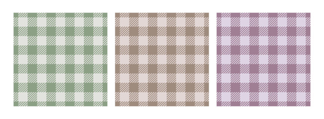 Pastel Buffalo check seamless pattern set. Checkered plaid textures. Geometric square fabric prints.