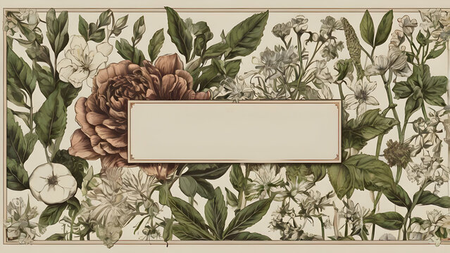 Lush vintage botanical illustration featuring a variety of flowers and leaves gracefully framing a central blank label, creating an elegant and classic design