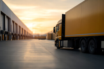 Freight truck ready for delivery against a golden sunset sky. Logistics and transportation industry concept. Cargo on the move. Distribution services.