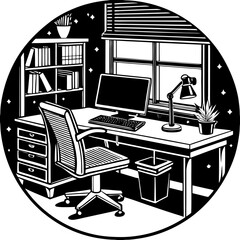 Black and white vector illustration of a work office