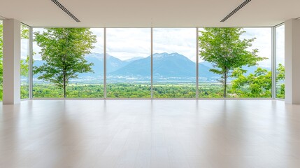 Fototapeta premium Modern interior with panoramic mountain view serene minimalist design
