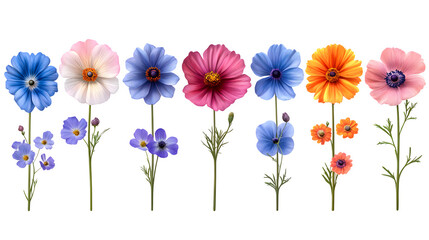 Assorted flower illustrations, high-definition, realistic look, isolated on white background