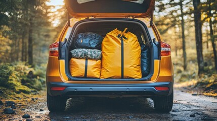 An open car trunk reveals bags packed for a trip, surrounded by lush greenery and warm sunlight, perfect for adventure and travel enthusiasts