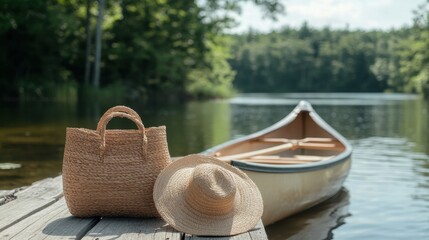 Obraz premium A bag and hat are casually placed on a dock beside a canoe, creating a serene summer scene by the water's edge