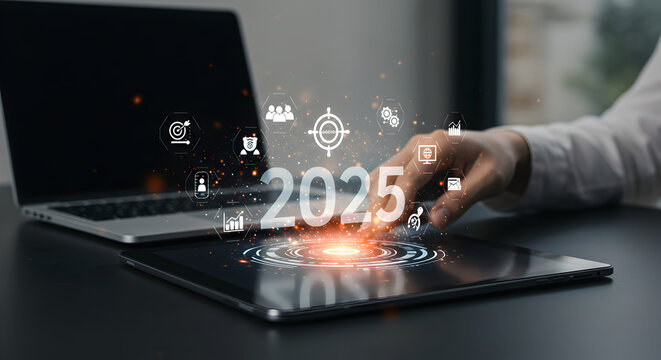 Professional workspace, business strategy, financial growth a person interacting with a tablet displaying the year 2025 and various digital business icons around it