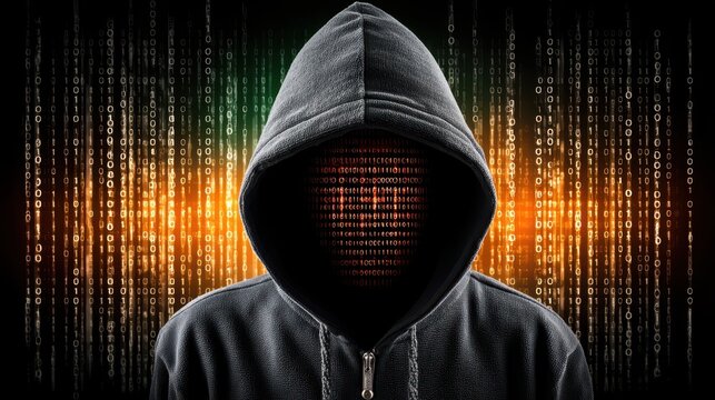 Cybersecurity ransomware monitoring concept. Mysterious figure in a hooded sweatshirt with a digital binary code background.