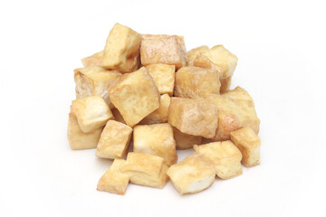 close up fried tofu on a white background