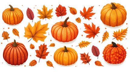 Autumn-themed clipart with leaves and pumpkins, HD vector style, isolated on white background