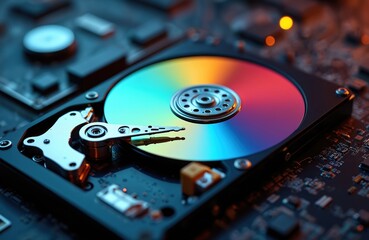 Close-up of hard disk drive with colorful reflective disk surface. Computer hardware component, data storage. Data recovery, information technology, computer repair service, data backup concept.