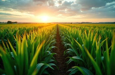 Fototapeta premium Agricultural landscape with vibrant green cornfield at sunset. Golden hour sunlight shines on the horizon. Agriculture farmland crop field in summer. Nature scene. Rural area calm environment.