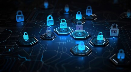 A digital illustration of blue padlock icons on hexagons, symbolizing security and protection in