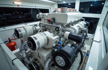 Marine engine installed inside luxury yacht. Chrome detail, industrial tech system with cylinders, pipes, valves, metallic parts. Diesel engine, new equipment, service, repair, transportation. Yacht