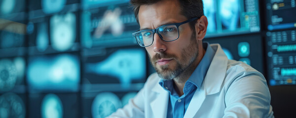 Focused scientist in lab coat, glasses looking at digital displays. Concept of maintenance, technical efficiency, optimization. Pro man studying, analyzing information. Laboratory equipment.