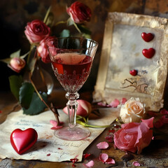 Romantic still life celebrating valentine's day with a crystal glass of red wine, a bouquet of roses, scattered petals, a love letter, and decorative hearts
