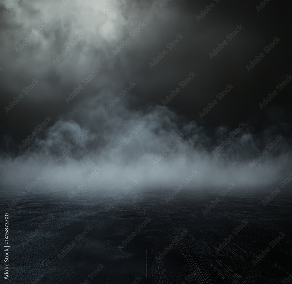 Poster Dark Clouds and Thick Fog Envelop an Empty Tabletop in a Minimalist Setting, Creating an Atmosphere of Mystery and Allure Under Cinematic Lighting
