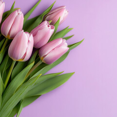 Fototapeta premium Beautiful purple tulips on soft background ideal for Mother's Day celebration and decoration with ample copy space