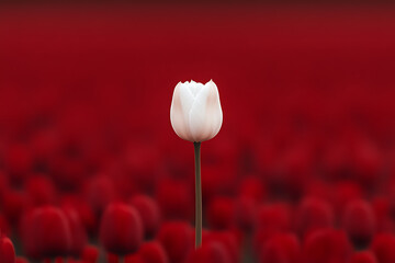 A single white tulip stands tall amidst a field of deep red tulips. A contrast of colors and a serene landscape. Simplicity and beauty.