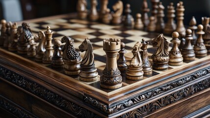 A custom-made wooden chessboard with unique, hand-carved chess pieces --ar 16:9 --v 6.1 Job ID: 780d78d2-b6c4-48f0-8282-ed144a5cd1c9