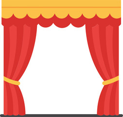 Red and gold theatrical stage curtains with scalloped valance in flat design style vector illustration