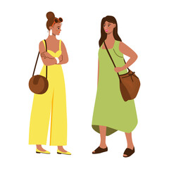 Young women in summer clothes and with bags. Female characters communicate with each other. Fashionable girls friends isolated on a white background. Cartoon vector illustration in flat color.