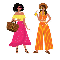 Two summer women talking to each other. Characters in a skirt, blouse, trousers and vest. Girl friends in glasses, with bag, with lemonade. Fashionistas in bright clothes. Vector cartoon illustration.