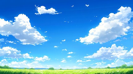 Fototapeta premium A serene natural vista featuring a clear sky and puffy clouds stretching over a vibrant green meadow.