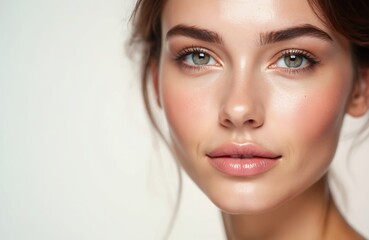 Naklejka premium Beautiful young woman face. Healthy skin beauty skincare, cosmetics for advertising. Fresh, clean, clear, pure skin with natural makeup, moisturiser cream for healthy ageing face.