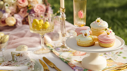 Elegant English Easter tables with daffodils, painted eggs, pastel tableware, gold cutlery and florals in full bloom, celebrating springtime beauty with a countryside charm fit for a manor garden