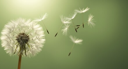 Dandelion Seeds in Flight - A single dandelion with seeds blowing away on a soft green background. Nature, springtime, freedom concept