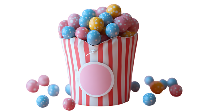 Birthday treat bag with sticker label and small goodies visible inside, transparent elements, realistic look on white