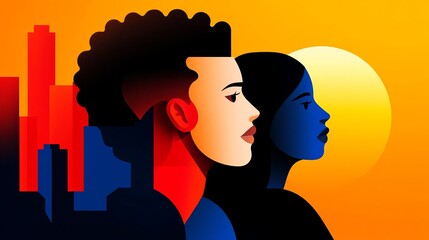 Stylized digital illustration showcases two individuals in profile with geometric cityscape and radiant sun against vibrant gradient background.