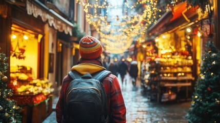 Obraz premium A narrow alley adorned with festive lights features a single tourist walking ahead, capturing the charm of holiday shopping
