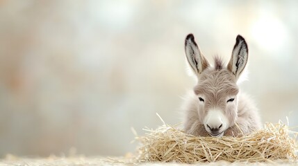 Obraz premium A donkey is sitting atop a stack of hay and adjacent to another pile of hay