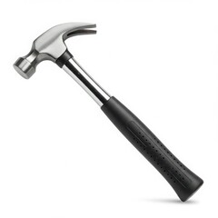 A silver hammer with a black handle resting flat isolated on white background