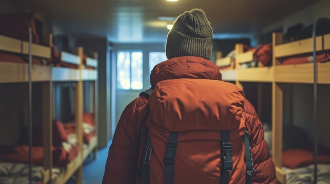 A person steps into a hostel room, showcasing a cozy atmosphere with bunk beds and a backpack, perfect for travelers seeking adventure