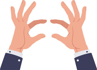 Two human hands in blue suit sleeves with spread fingers and open palms flat design vector illustration