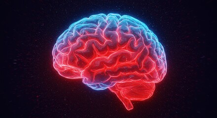 Fototapeta premium Neon Brain Illustration with Blue and Red Colors on Black Background 